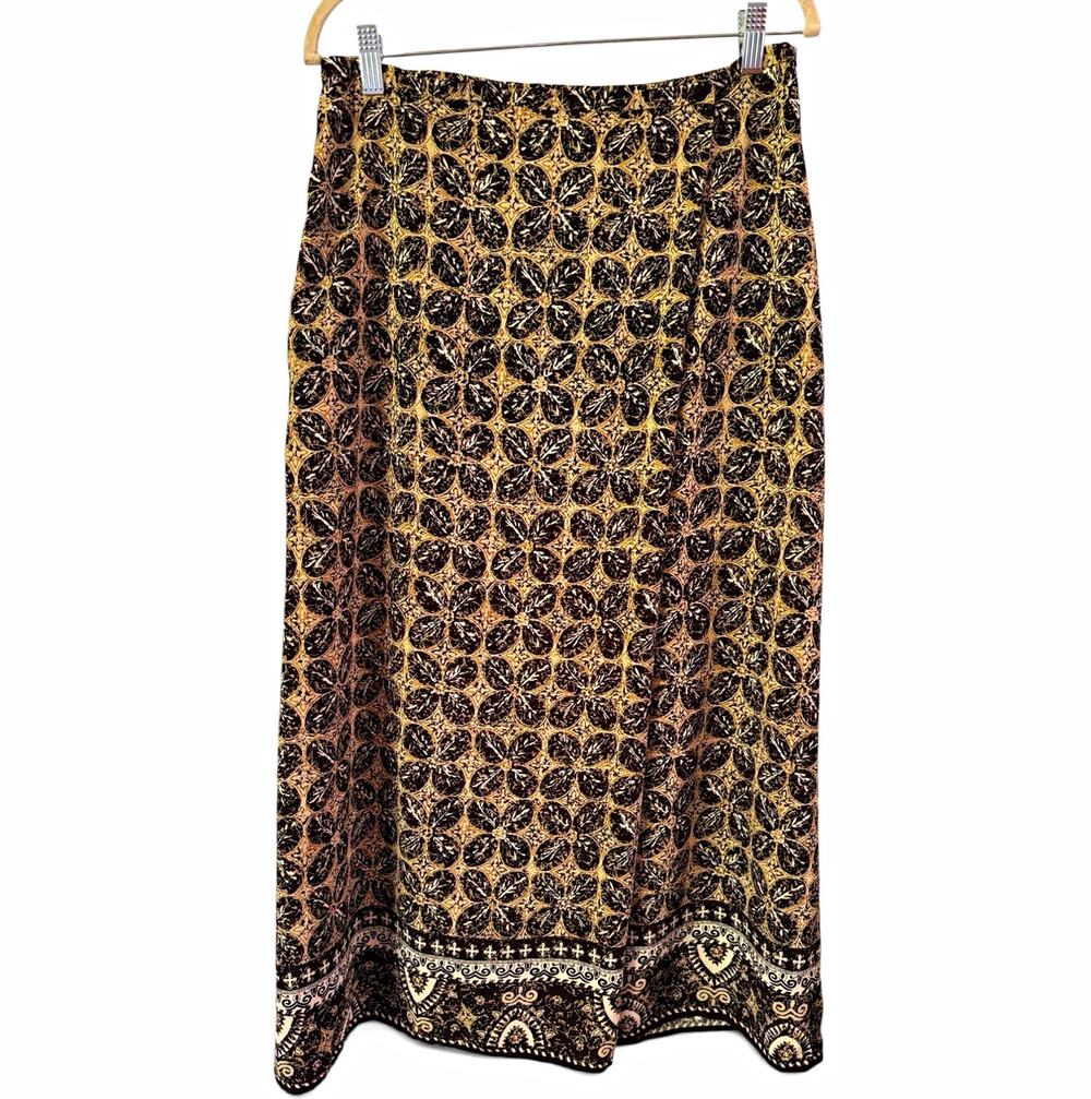 Liz Claiborne Aztec Floral Print 100% Silk Wrap Maxi Skirt Sz Large Black Beige